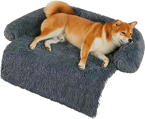 iyoimono Plüsch Hundebett Abnehmbarem Waschbar Hundekissen Hundesofa Katzenbett Hundecouch für Kleine Mittelgroße Hunde, rutschfest Boden Hundekorb mit Hoher Rand, 80 X 75 X 13 cm, Dunkelgrau von iyoimono