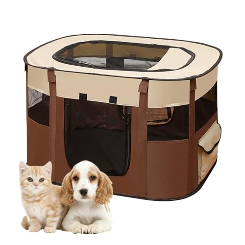 Tierlaufstall, Faltbarer Haustierstall Welpenauslauf Rechteckiges Zelt,für Hund Welpe Freigehege für Hunde,Kaninchen,Katzen und Meerschweinchen, Indoor & Outdoor (Braun-M(80 * 60 * 55cm)) von jackfru