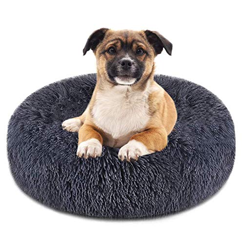 Beruhigendes Hundebett für kleine und mittelgroße Hunde, Plüsch, Donut, gemütliches Haustierbett, Mops, Welpen und Kätzchen, Katzen, Kuschelkissen, waschbar, 70 cm, Dunkelgrau, 60 cm von jehdfbvssjcbcsvfd