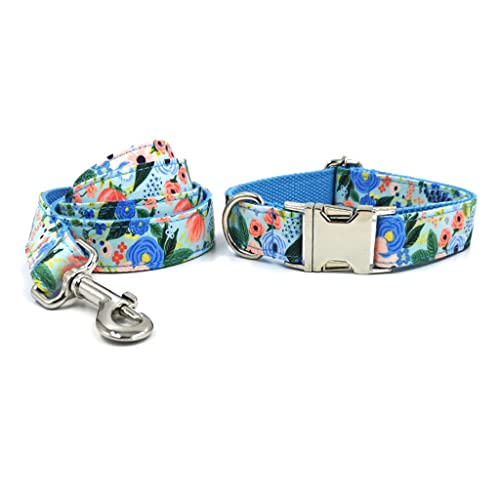 Hundehalsbänder für Hunde, Gravur, individueller Name, Hundehalsband, verstellbare Fliege, Hundehalsband und Leine, Set mit blauem Blumenmuster (Farbe: B, Größe: M) von jehdfbvssjcbcsvfd