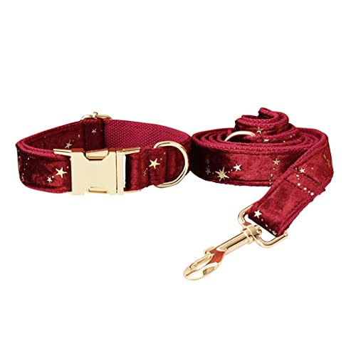 Personalisiertes Hundehalsband, Weihnachtsmotiv, rote Samt-Fliege, Haustierhalsband und Leine, Set mit goldenen Sternen, Festival-Hund (Farbe: B, Größe: S) von jehdfbvssjcbcsvfd