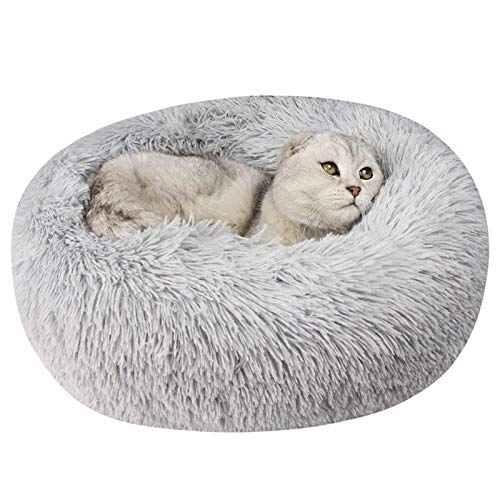 Plüsch-Haustierbett, rund, beruhigendes Bett, Donut-Kuschelbett, waschbar, superweich und flauschig, Welpenmatte für warmen Schlaf, Grau, 60 cm (Grau, 50 cm) von jehdfbvssjcbcsvfd