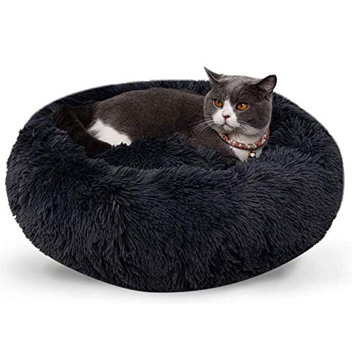 Rundes Plüsch-Katzenbett, beruhigendes Donut-Hundebett, Welpen-Kuschelkissen für große, mittelgroße und kleine Hunde, Beige, 61 cm, Schwarz, 88,9 cm von jehdfbvssjcbcsvfd