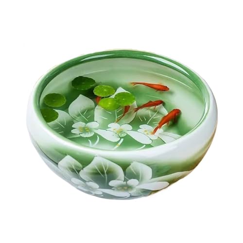 Fisch Tank Handbemalter Keramik-Aquarium mit grünem Lotus-Finish for den Schreibtisch, Futterbehälter for Goldfische und Schildkröten, runder Keramik-Übertopf Fischschale(24x24x12cm) von jingzhe-1125