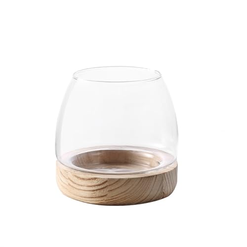 Fisch Tank Kreative runde Glasflasche for kleine Fische im japanischen Stil, ökologische Flasche for den Schreibtisch, Mikrolandschafts-Glasflasche mit Holzsockel Fischschale(Natural) von jingzhe-1125