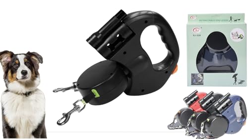 Einziehbare Hundeleine für Zwei Hunde mit 360 Grad, verwicklungsfrei, mit reflektierendem Nylonband, mit Müllbeutelaufbewahrung und Taschenlampe, trägt jeweils bis zu 50 Pfund (schwarz)(Black) von jinzha