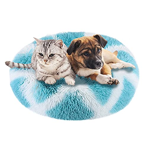 jiuzcare Katzenbett 50x50 cm Haustierbett für Kleine Hunde und Katzen Rund Donut Plüsch Kuschelbett Hundebett Katzenbett Waschbar Flauschig Hundekissen Katzenkissen, Blau und Weiß Gestreift von jiuzcare