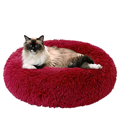 jiuzcare Hundebett Rundes PlüSch Katzenbett Haustierbett PlüSch Hundebett Katzenbett SchöNe Tierbett Super Weich Doughnut-Form Haustierbett FüR Katzen Donut Kissen Hundebetten FüR Kleine Hunde (Red) von jiuzcare