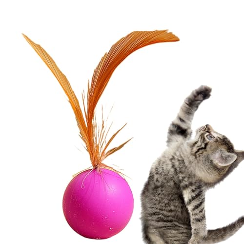 jopiuieo Katzenball mit Feder, Kauball für Katzen, solide, elastische, bissfeste Gummi-Haustiere, interaktiver Hüpfball für mittelgroße Katzen von jopiuieo