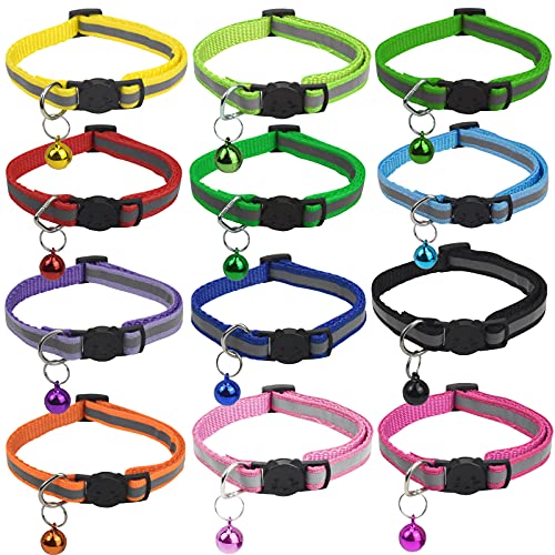 12 Stück Reflektierende Katzenhalsband mit Halsband Katze mit Sicherheitsverschluss Haustierhalsband mit Glocke Verstellbare Katzenhalsbänder Welpenhalsbänder Katzen halsbänder Verstellbar 19–32cm von joyan