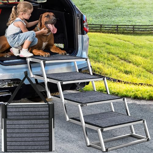 Extra breite 50,8 cm faltbare Hunderampe für große Hunde, tragbare Aluminium-Haustierrampe mit rutschfester Teppichoberfläche, leichte Hundetreppe für M und L Hunde bis zu 113 kg, 4 Schritte in ein von joyrally