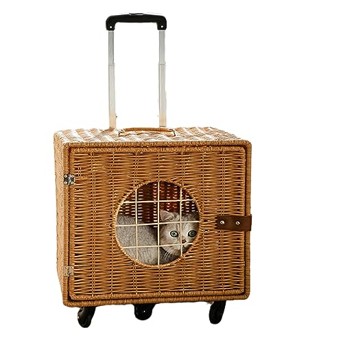 Katze und Hund Tragbare Outdoor Haustier Trolley Fall, Bambus Woven Koffer, Anti Stress Katze Rucksack Quadratische Trolley Box-Rattan Weben von joyxiwa