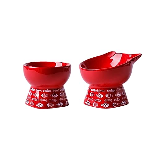 joyxiwa Keramik-Katzennapf zum Schutz der Halswirbelsäule und zum Verhindern des Umkippens von Haustierprodukten, schrägem Mund, festliches Katzenfutter, rote Katzenohren + roter flacher Mund + 2 von joyxiwa