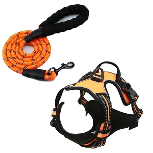 junweideyi Hundegeschirr, kein Ziehen, verstellbar, reflektierend, Oxford-Gewebe, einfache Kontrolle, für kleine, mittelgroße und große Hunde (orangefarbenes Set, XL) von junweideyi