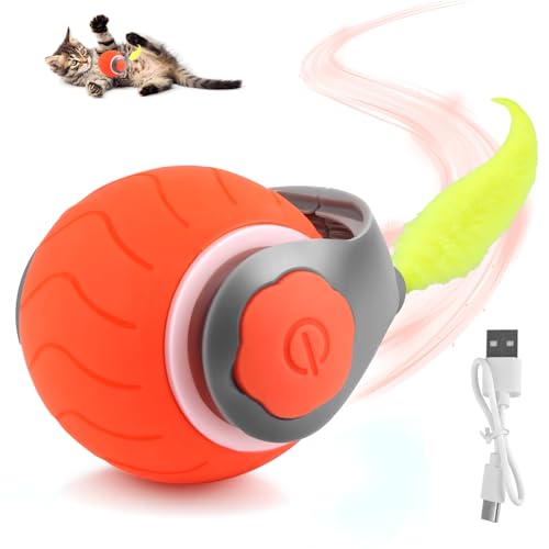 jwogngls Katzenspielzeug Ball Elektrisch, Magic Ball Hund mit Schwanz, 360° Smart Interaktiver Spielball für Katzen, Interaktives Hundespielzeug Ball mit USB Aufladbar für Katzen Hunde (Orange) von jwogngls