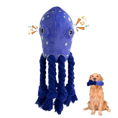 k8PurrDog Quietschendes Hundespielzeug, robustes blaues Oktopus-Hundespielzeug mit weichem Stoff und Seilknoten, gefülltes interaktives Hundespielzeug, eingebauter Quietscher Hund Stofftiere von k8PurrDog