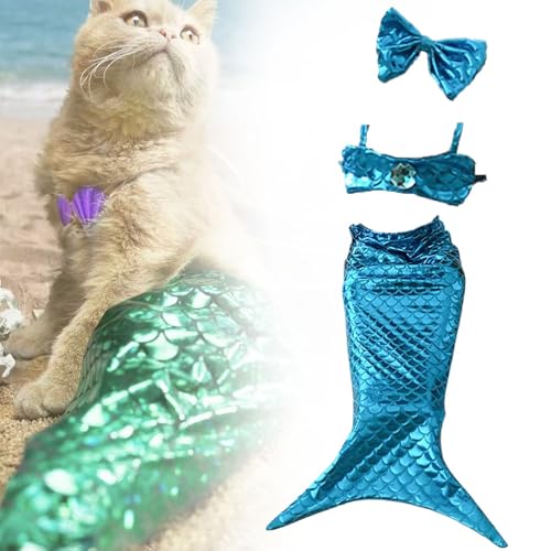 Cat Mermaid Costume, 2024 Neuestes Interessante Katzenkleidung mit Einstellbarer Größe, Meerjungfrau Kostüm Halloween Weihnachten Party Kostüm Kopfbedeckung für einen kleinen Hund Katze (Blau, L) von kailisi