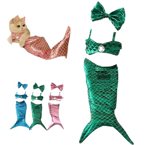 Cat Mermaid Costume, 2024 Neuestes Interessante Katzenkleidung mit Einstellbarer Größe, Meerjungfrau Kostüm Halloween Weihnachten Party Kostüm Kopfbedeckung für einen kleinen Hund Katze (Grün, L) von kailisi