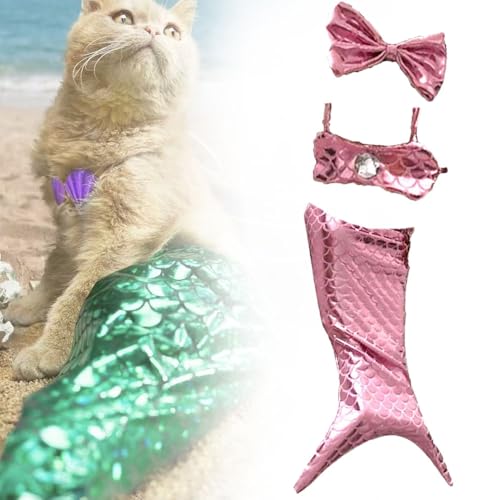 Cat Mermaid Costume, 2024 Neuestes Interessante Katzenkleidung mit Einstellbarer Größe, Meerjungfrau Kostüm Halloween Weihnachten Party Kostüm Kopfbedeckung für einen kleinen Hund Katze (Rosa, L) von kailisi