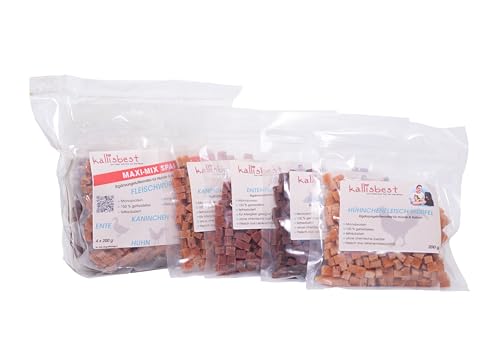 kallisbest Mega Mix Training Spar-Pack| Reine Premium Fleischsorten| Huhn, Rind, Ente und Kaninchen| 4X 200g| glutenfrei, getreidefrei & ohne Zusatzstoffe| | Für Katzen & Hunde ab der 4. Lebenswoche von kallisbest