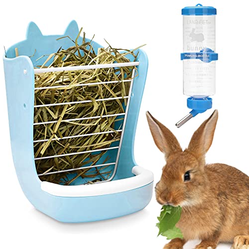kathson 2-in-1 Kaninchen-Heu-Futterspender mit Hasen-Wasserflaschenspender für den Innenbereich, Heu-Futterschalen für Kaninchen, Meerschweinchen, Chinchilla, Futterschalen für Gras und Futter (blau) von kathson