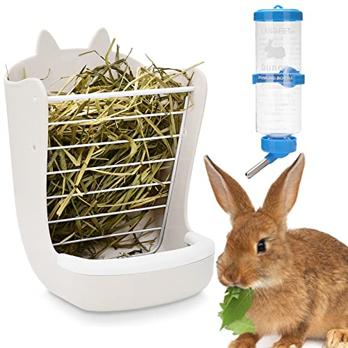 kathson 2-in-1 Kaninchen-Heu-Futterspender mit Hasen-Wasserflaschenspender für den Innenbereich, Heu-Futterschalen für Kaninchen, Meerschweinchen, Chinchilla, Futterschalen für Gras und Futter (weiß) von kathson