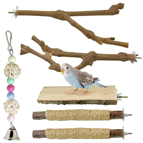 kathson 5 Stück natürliche Papageien-Sitzstange für Käfig, aus Holz, Vogelstangen, Trauben, Vogelstock, Sittiche, Klettern, stehende Äste, Spielzeug, kaubarer Käfig-Zubehör für kleine Wellensittiche, von kathson