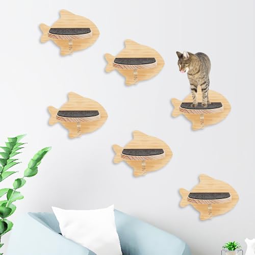 kathson 6 Stück Katzen-Wandregale für Katzen, Wandstufen, Regale, Holz, Katzenkletterregale, Katzentreppe mit rutschfestem Filz, Katzenleiter, Katzenwandbett, Katzen-Sitzstange für Springbrett, von kathson