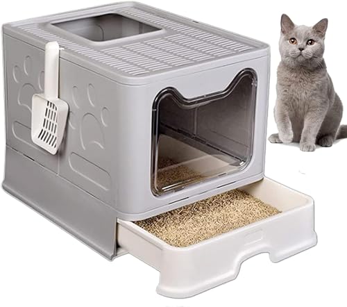 kathson Große Faltbare Katzentoilette mit Schublade Geschlossenes Katzentöpfchen mit Deckel Top-Entry-Toilette Anti-Splashing Katzenzubehör mit Kunststoff-Schaufel Kitty Toilette (Grau) von kathson