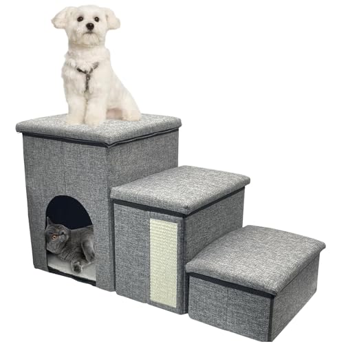 kathson Hundetreppe, 3 Stufen Tragbare Faltbare Hundetreppe für Hochbett, Couch, Fensterbank, Haustier Katze Stufen mit Aufbewahrungsbox für Welpen Kätzchen Kleine Hunde und Katzen von kathson