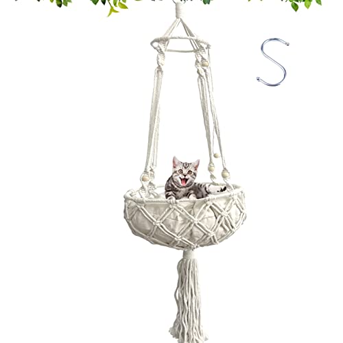 kathson Makramee-Katzen-Hängematte mit Kissen, handgewebtes Katzenbett, hängende Boho-Kätzchen-Schaukel zum Spielen, Schlafen, Klettern und Faulenzen (L) von kathson