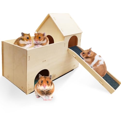 kathson Meerschweinchen-Versteck aus Holz, 2-stöckig, stabiles Kleintierhaus, Betthütte mit Treppen und Matte für Hamster, Chinchillas, Frettchen, Spielen, Verstecken, Schlafen von kathson