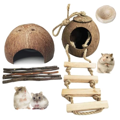 kathson Natürliche Kokoshütte Hamster Versteck Haustierhöhle Kleintierkäfig Habitat Dekor hängende Meerschweinchen Spielzeug mit Leiter für Rennmäuse, Ratten, Mäuse, Spielzucht, 9 Stück von kathson