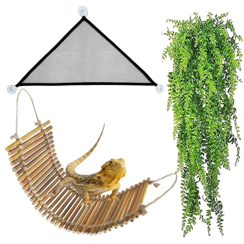 kathson Reptilienbrücke für Terrarium, Bartagame, Holzbrücken, Gecko-Hängematte mit hängenden Pflanzen, Eidechsenliege, Bambusleiter, Reptilien, Tankzubehör, Klettern für Chamäleons, Geckos, Schlangen von kathson