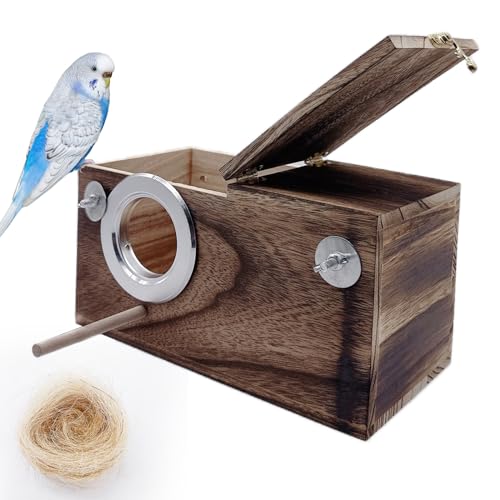 kathson Papageien Nistkasten Sittich Nest Haus für Käfig Wellensittiche Brutkasten mit Kokosfaser-Bettwäsche Holz Vogelpaarungsbox für Lovebirds Wellensittiche und kleine mittelgroße Papageienvögel von kathson