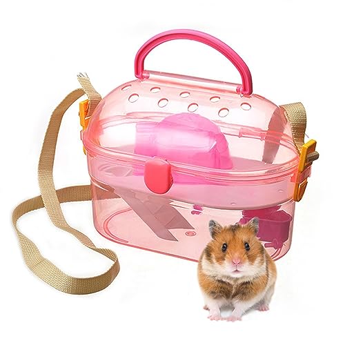 kathson Tragbarer Hamsterkäfig, Zwerghamster-Tragetasche, syrischer Hamster, Reisekäfig mit Futternapf, verstellbarer Gurt, Haustierausgangskäfig für kleine Hamster, junge Meerschweinchen, Rosa von kathson