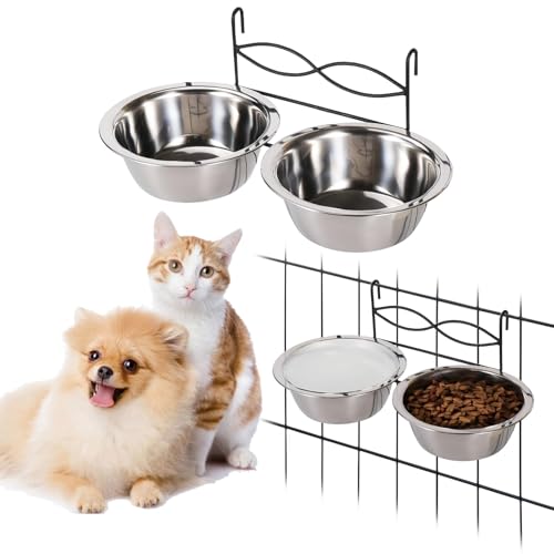 kathson Wassernapf-Set zum Aufhängen, 2 Stück, Edelstahl, Metall, für Käfig, auslaufsicher, mit Haken für Katzen und kleine Hunde (17,5 cm Durchmesser) von kathson