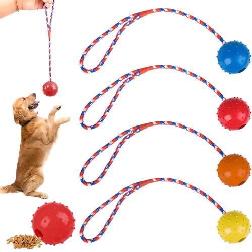 katmerio 4 Stück Wurfball Hund, Ball mit Seil Naturkautschuk Ball für Hunde Hundespielzeug Ball, Interaktiver Hundespielzeug Ball mit Seil, Weich und Elastisch Vollgummiball für Große & Kleine Hunde von katmerio