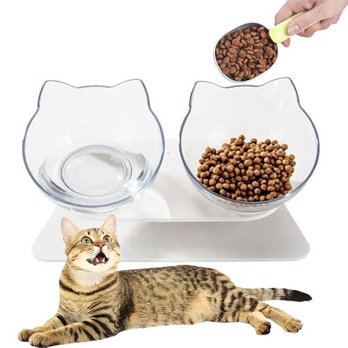 katmerio Futternäpfe Katzen Futter, Doppelter Katzenfutter katzennäpfe, 15 ° Kippbare katzennäpfe Transparente Katzenfutterschale Futternapf für Katze Welpe Futter und Wasser von katmerio