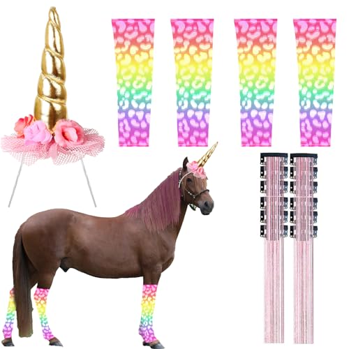 kedaijin Weihnachtliches Einhorn-Pferd, glitzerndes Kostümzubehör mit floralem Stirnband, Spiralhörnern, Pferdebeinstulpen und Pferdehaar-Clips für Weihnachtsfeier, Versammlungsdekorationen (keine von kedaijin