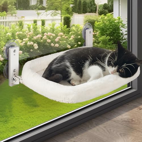 keny Katzen-Fenstersitzstange, schnurlose Katzenfensterhängematte mit gemütlichem Kissenbett, solider Metallrahmen, Katzenfensterbett mit 4 Saugnäpfen, Weiß von keny