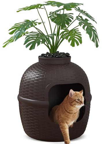 Plant Hidden Katzentoilette, Geruchskontrolle & Verbesserung der Wohnkultur, Katzentoilette Möbel mit Kunstpflanze, Kohlefilter und 1,5 kg echten Steinen, Braun von keygarzone