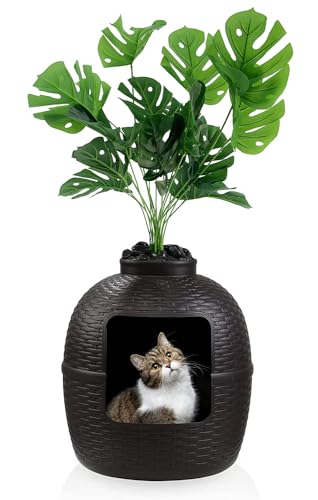 keygarzone Versteckte Katzentoilette mit Kunstpflanze, Katzentoilette Möbel mit Rattan-Muster für große Katze, Kohlefilter, einfache Montage & Reinigung, Braun von keygarzone