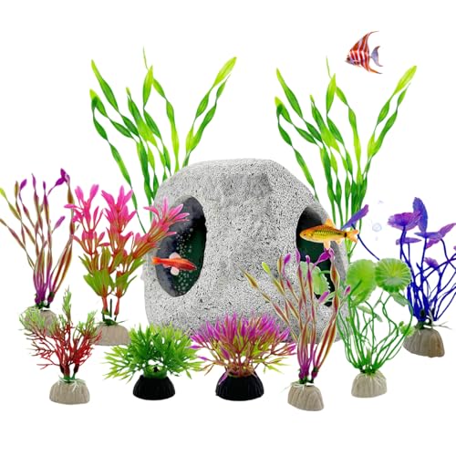 Aquarium Fish Hideaway Rock Cave with 10 Artificial Water Grass, Fish Tank Fish Hide Cave Decorations for Betta Shrimp Cichlids Guppy Crab Zebra Fish and More von khanoqq