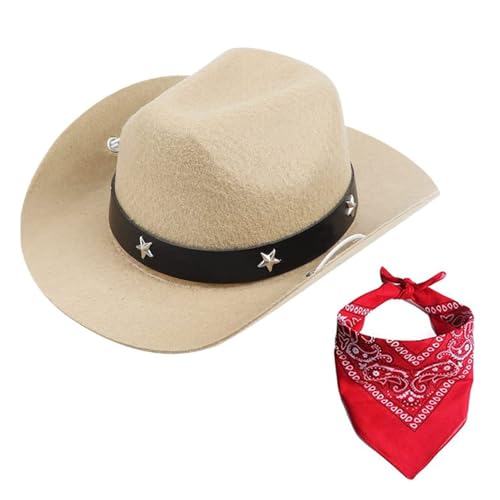 kiskick Western-Cowboy-Hundekostüm, Hut, Halloween-Kostüme, Cowboyhut, Haustier-Cowboy-Kostüm, Cosplay-Kappe, Schal-Set, atmungsaktiv, verstellbare Schnalle, stilvolle Hundekostüme, Khaki von kiskick