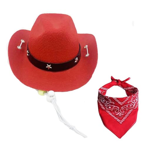 kiskick Western-Cowboy-Hundekostüm, Hut, Halloween-Kostüme, Cowboyhut, Haustier-Cowboy-Kostüm, Cosplay-Kappe, Schal-Set, atmungsaktiv, verstellbare Schnalle, stilvolle Hundekostüme, Rot von kiskick