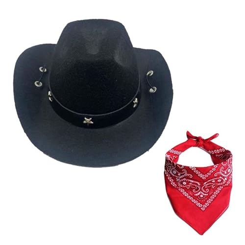 kiskick Western-Cowboy-Hundekostüm, Hut, Halloween-Kostüme, Cowboyhut, Haustier-Cowboy-Kostüm, Cosplay-Kappe, Schal-Set, atmungsaktiv, verstellbare Schnalle, stilvolle Hundekostüme, Schwarz von kiskick