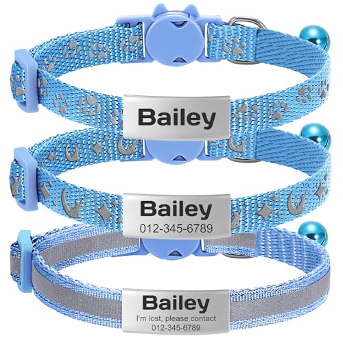 kodinsiivous 3 Pack Katzenhalsband mit Namensschild und Glocke, Personalisierte Reflektierendes Katze Halsband mit Sicherem Schnellverschluss,Haustierhalsband für Mädchen & Jungen(Hellblau) von kodinsiivous