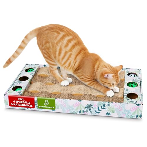 kogu ® Katzen Kratzbrett mit 4 Bällen und Katzenminze inklusive, ergonomisch geformt mit Umrandung für sauberes Spielen und kratzen von Katzen zum Schutz der Wohnung, ideale Maße 45x25x5cm von kogu