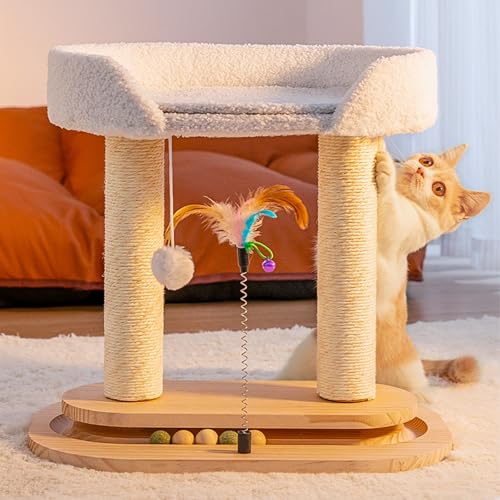 Multifunktionaler Kratzbaum für Katzen mit Drehteller-Spielzeug – Jute, Massivholz und Plüsch, Kratzsäule, Katzenbett und Spielstation in einem, geeignet für Katzen jeden Alters von kotkito